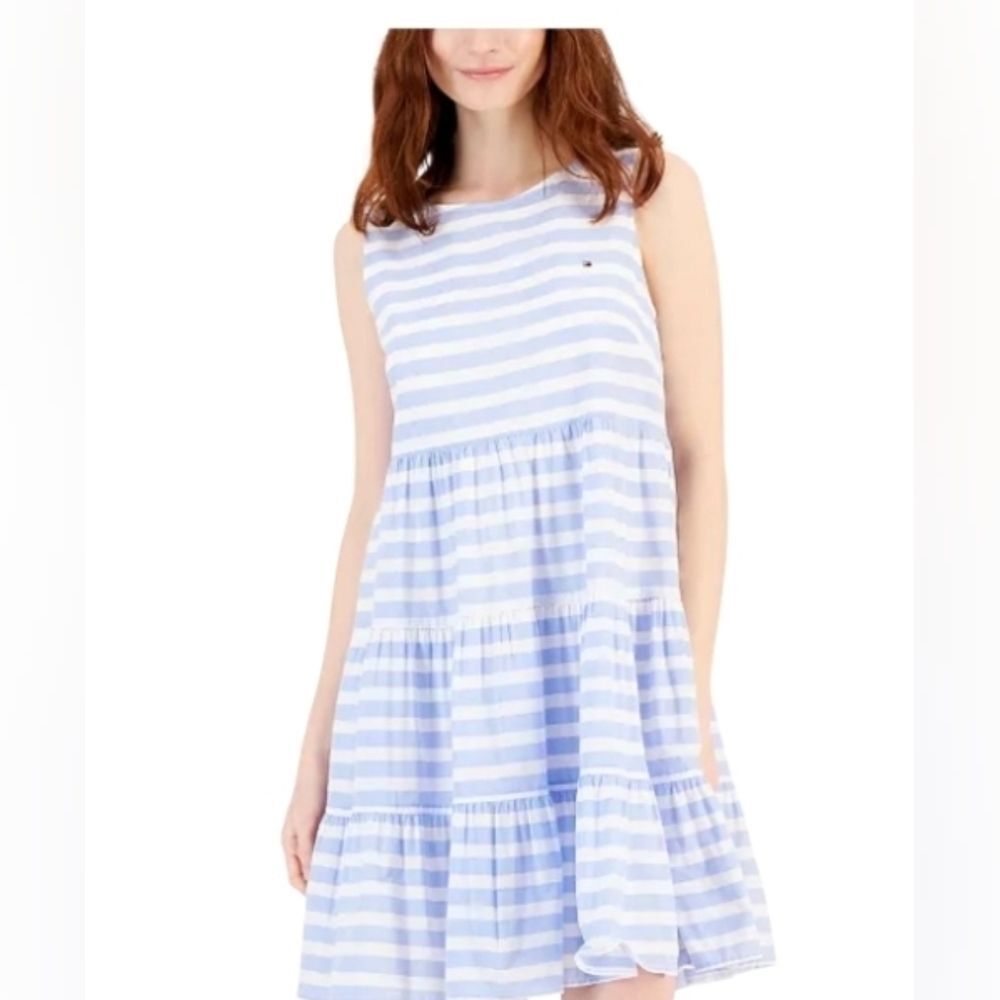 Tommy Hilfiger striped sleeveless A-line dress Sag Harbor Size L blue white *